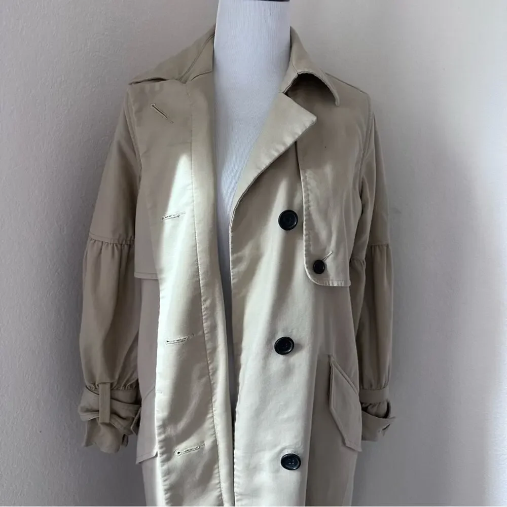 Joie Puff Sleeve Cotton Trench Coat Jacket Classic Beige Long Button-Front - Picture 5 of 14